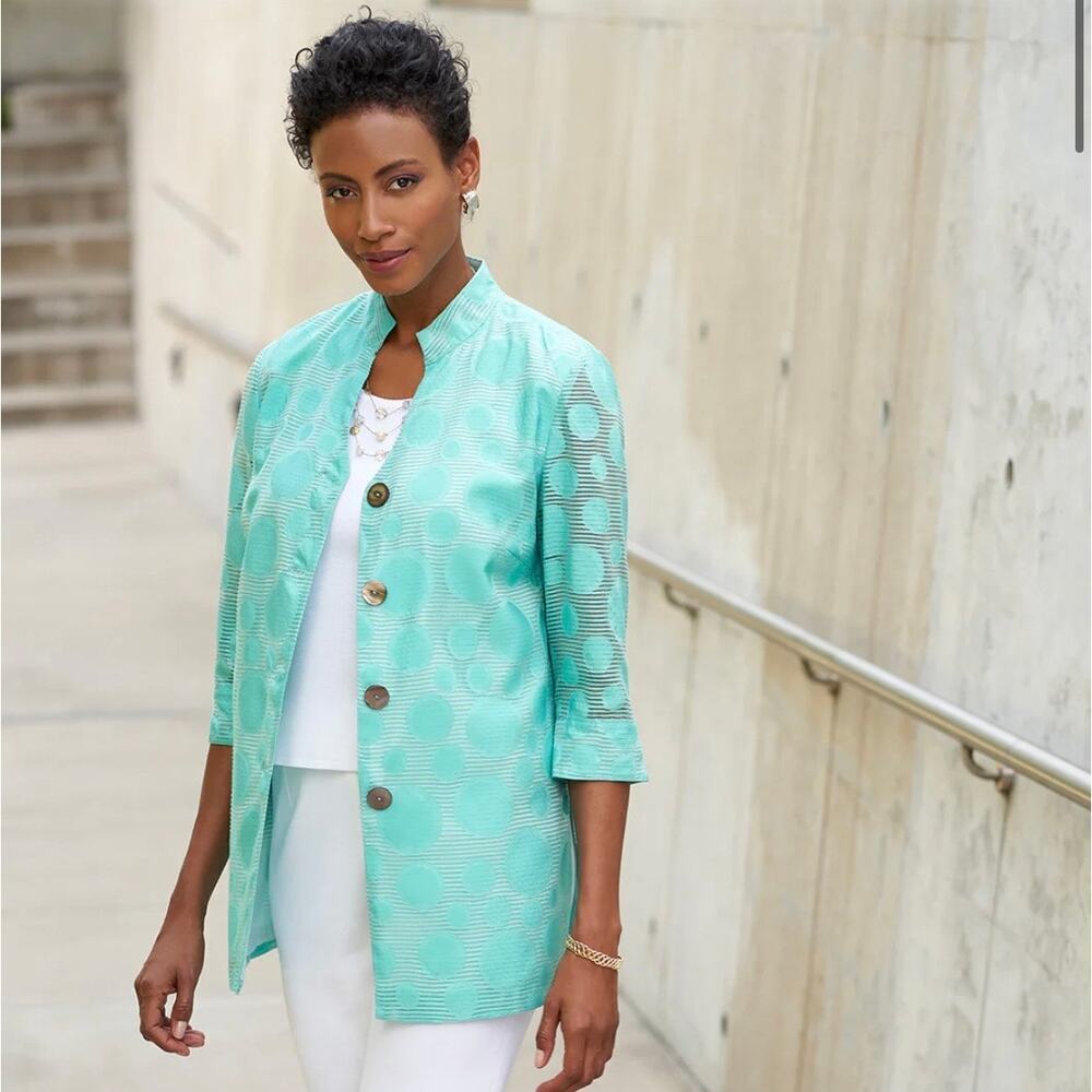 Ming Wang Bubble Textured Tunic Jacket Mandarin Collar in "Mint" Green Size L